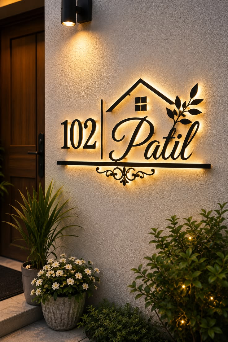 Pinterest inspiration: a warmly lit nameplate beside a home entrance and plants