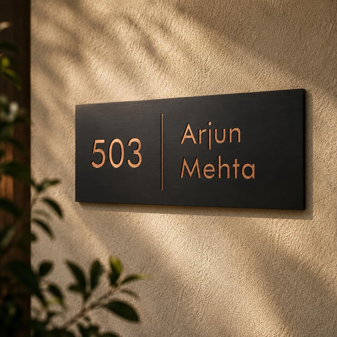 Charcoal plate with golden mirror letters